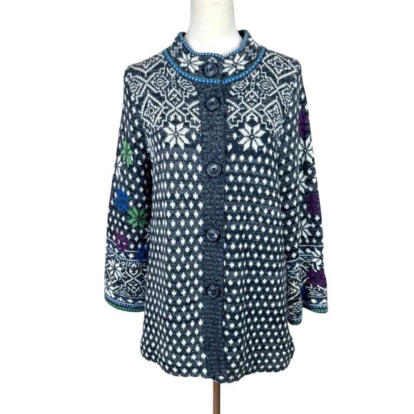 Anthropologie Rosie Neira Wool Blend Chunky Knit Nordic Long Cardigan Sweater - Picture 5 of 15